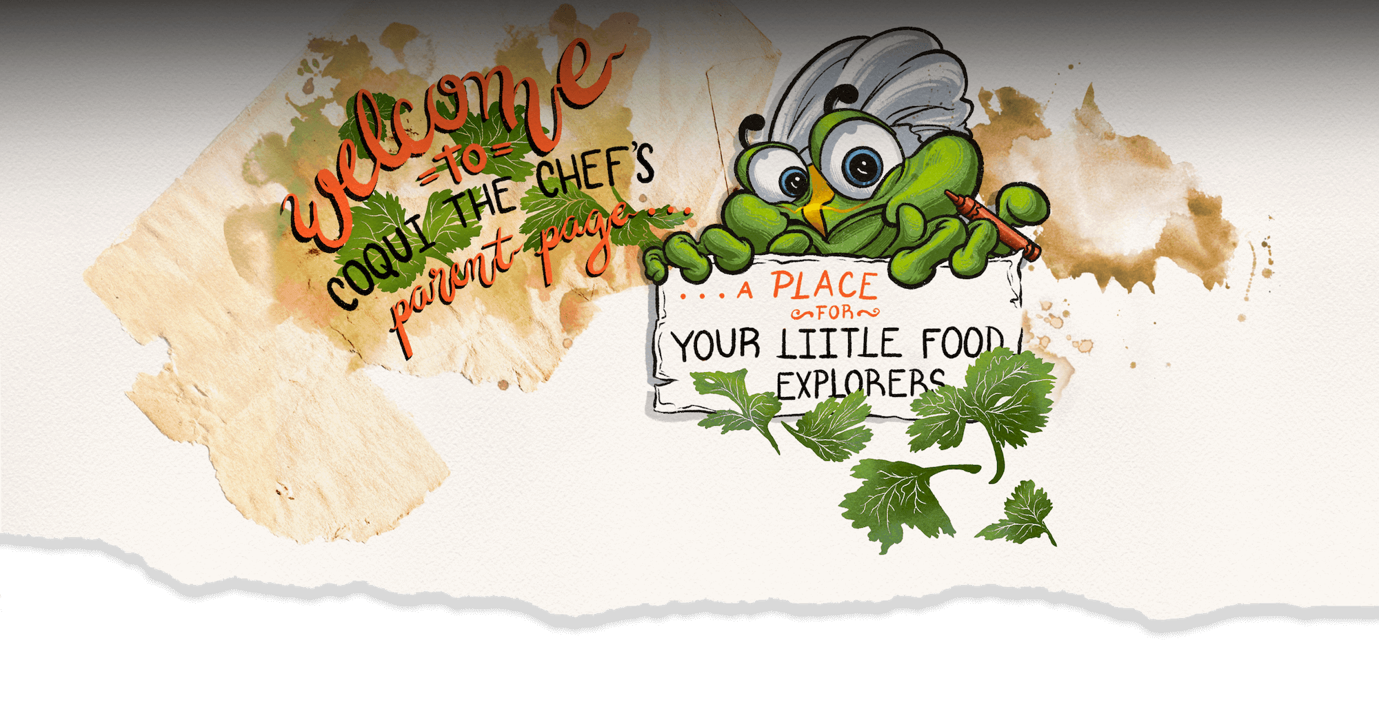 A colorful banner with an overlay text ‘Welcome to Coqui the Chef's parent page, a place for your little food explorers'.