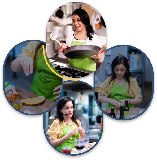 The culinary educator Tania Lopez, demonstrating cooking techniques in a kitchen, depicted in four overlaid circular images.