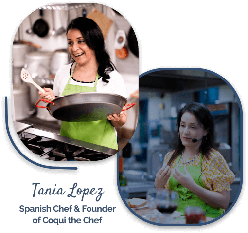 The culinary instructor Tania Lopez, wearing a green apron, showing cooking techniques in a well-equipped commercial kitchen.